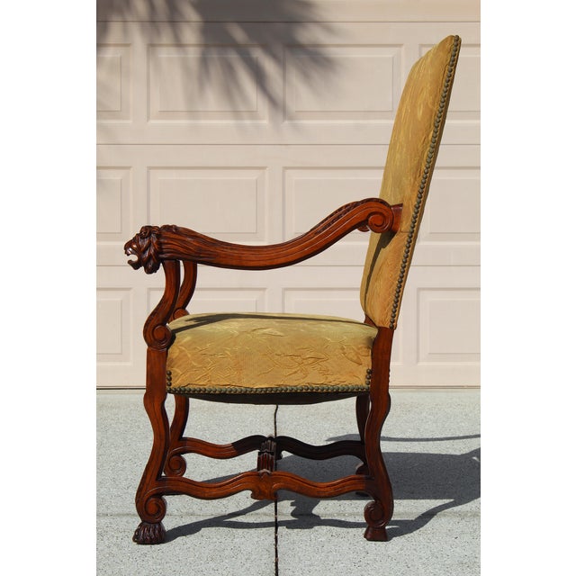 Antique French Louis XIV Style Armchair & Ottoman Set - Mid 19th Century Carved Lion Head Throne Chair With Original Yellow Upholstery For Sale - Image 10 of 18