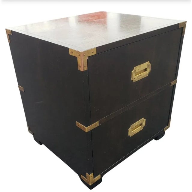 Baker Furniture Company Baker Furniture Ebonized Mahogany and Brass Campaign Style Nightstand For Sale - Image 4 of 11
