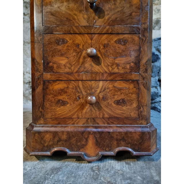 Brown French Bedside Cabinet with Burr Walnut Veneer and Marble Top, 1900s For Sale - Image 8 of 17