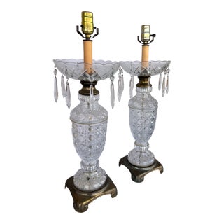 Vintage Early 20th Century Pair Crystal & Brass Lamps -2 For Sale