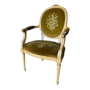 Louis XVI Painted Fauteuil Chair in Velvet With Embroidery