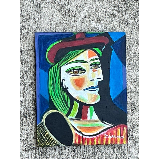 Vintage Cubist Original Oil Portrait on Board For Sale - Image 11 of 12