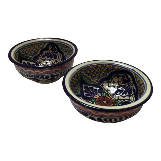 Vintage Hand Painted Mexican Majolica Talavera Salsa or Dip Bowls- a Pair For Sale