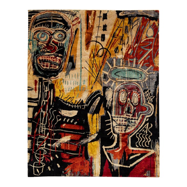 Neo-Expressionist Basquiat-Style Hand-Knotted Wool Area Rug Avant-Garde Abstract For Sale