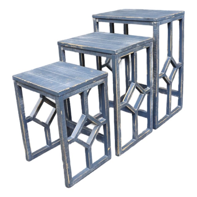 Distressed Blue Graduated Nesting Tables With Geometric Open Base – Set of 3 For Sale