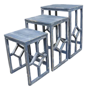 Distressed Blue Graduated Nesting Tables With Geometric Open Base – Set of 3