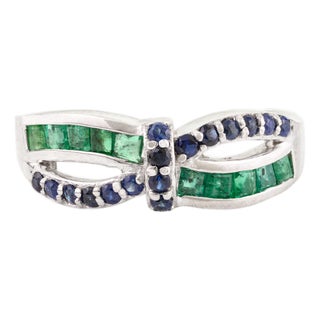 Antique Emerald & Sapphire Twist Bow Double Knot Ring in 925 Silver - Size 7 For Sale