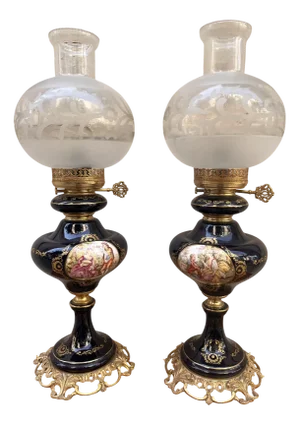 French Lamps in Hand-Decorated Ceramic with Brass and Glass, 1890s, Set of 2