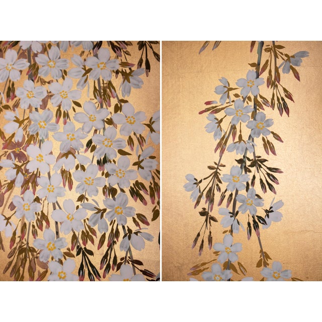 Goldenrod 1980s Shōwa Era Japanese Byobu Screen "Blossoming Cherry Tree" For Sale - Image 8 of 15