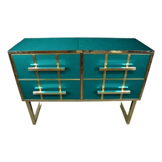 Italian Chest of Drawers with Aqua Blue Murano Glass and Brass Trim from Justfurnituress SRL For Sale
