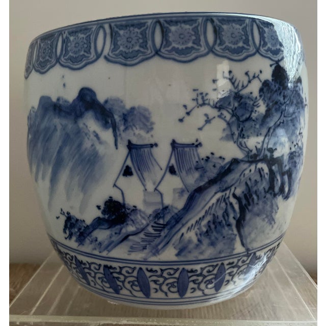 Japanese Antique Blue and White Porcelain Hibachi (Charcoal Brazier) Circa 1880-1905 For Sale - Image 3 of 14