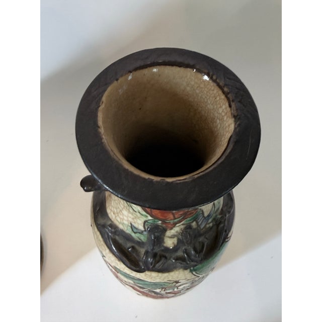 Almond Late 19th Century Set of 3 Chinese Warrior Garniture Urns With Lids For Sale - Image 8 of 12