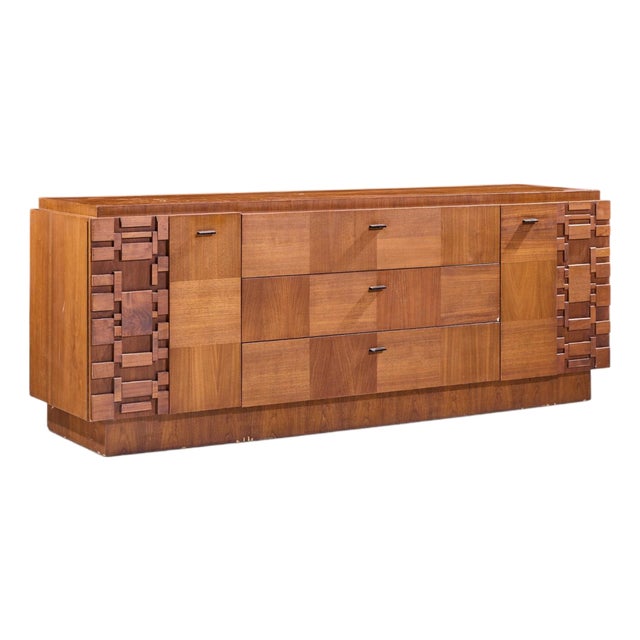 Lane Brutalist Mid Century Walnut Lowboy Dresser For Sale