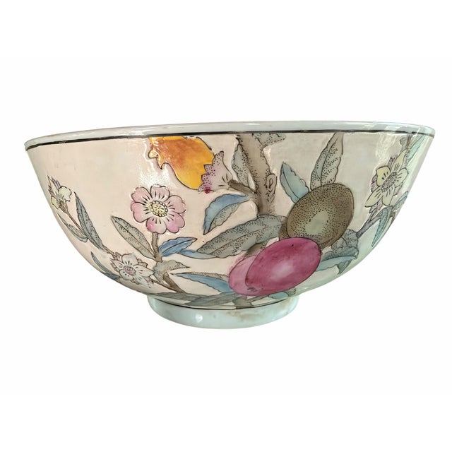 Vintage Chinese Porcelain Fruit & Floral Bowl | Hand-Painted Famille Rose Style Centerpiece Bowl For Sale - Image 4 of 10