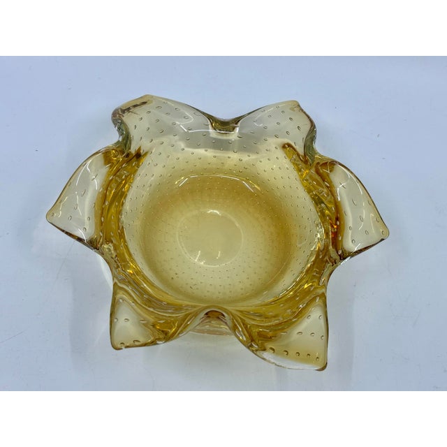 Vintage Murano Bullicante Controlled Bubble Art Glass Amber Yellow Ashtray/ Catchall For Sale - Image 10 of 10