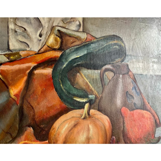 Orange 1940's Original Oil on Canvas-"Autumn Still Life"-Antique Frame For Sale - Image 8 of 11
