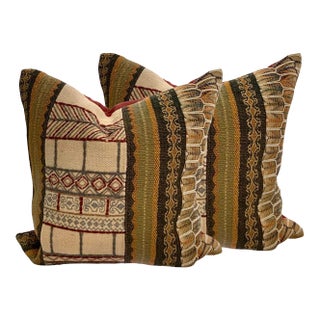 Pillow Pair Turkish Handwoven Patchwork Kilim Feather Filled Vintage Boho Decor For Sale