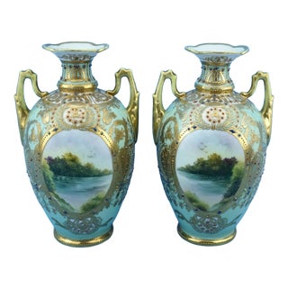 20th Century Empire Japanese Porcelain Vases with Gold Moriage Decoration, Noritake, 1890s, Set of 2 For Sale