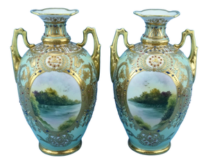 20th Century Empire Japanese Porcelain Vases with Gold Moriage Decoration, Noritake, 1890s, Set of 2