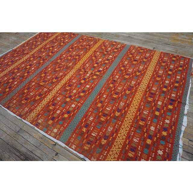 Outstanding Red Background Color With Yellow-Blue Stripe Geometric Design Antique European Swedish Flat-Weave For Sale - Image 4 of 13