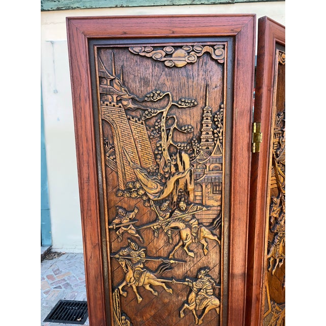 Beautifully aged and carved camphor wood center with rosewood framed divider. Approximately 6 feet tall and 6 feet fully...