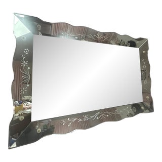 Large Decorative Beveled Mirror With Floral Etching – Vintage Glam For Sale