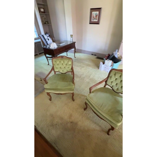 Mid 20th Century Pair French Louis XV Tufted Green Velvet Armchairs For Sale - Image 4 of 5