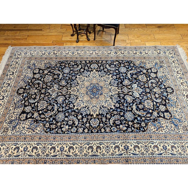 Vintage Nain Area Rug, Hand-Knotted Wool & Silk, Floral Pattern, 7x11, Navy & Ivory For Sale In Chicago - Image 6 of 17