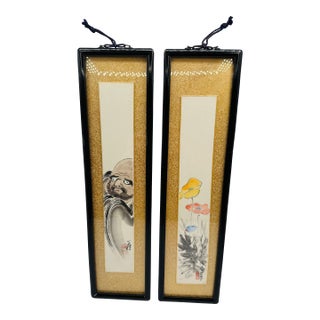 Set of 2 Vintage Japanese Tanzaku Paintings Floral & Drama Zen Art Framed For Sale