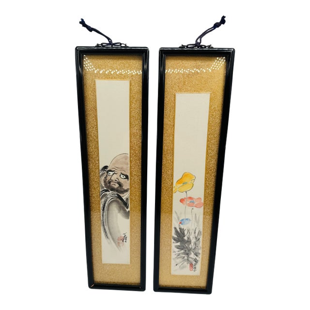 Set of 2 Vintage Japanese Tanzaku Paintings Floral & Drama Zen Art Framed For Sale