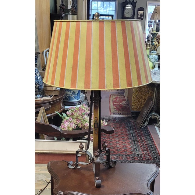 Fabulous whimsical 1920s French iron table lamp. Feature painted skeleton iron base, bouillotte stripe metal painted...