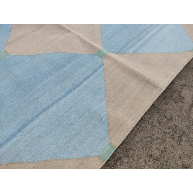 Beige Handmade Cotton Area Rug Natural Vegetable Dyed Reversible Beige Blue Tile Pattern Rug - 10'x14' For Sale - Image 8 of 11