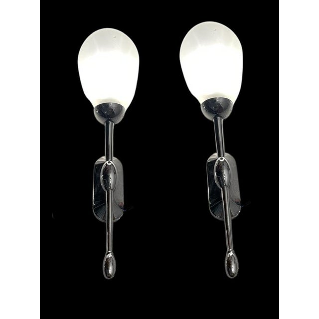 Chrome satinated glass sconces set of 2 1970’s height 38 cm width 10 cm depth 11 cm features 1 light requires e14 light...