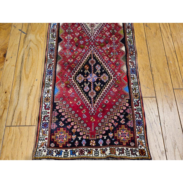 Vintage Persian Qashqai Gabbeh Runner Rug, Hand-Knotted Wool, Geometric Medallions Pattern, 2x7, Red & Navy For Sale - Image 9 of 14