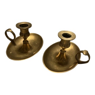 Set of 2 1930s Brass Oval Shaped Candle Holder With Finger Loop For Sale