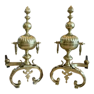 Continental Neoclassic Brass Baluster Flame Andirons - a Pair