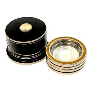 Early 20th Century Art Deco Black Enameled & Crystal Dog Intaglio Motif Coaster Box Set For Sale