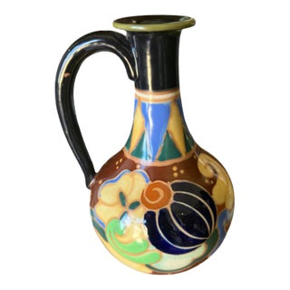 Colorful Art Deco Ceramic Vase Vintage Handled Ewer Gouda Style For Sale