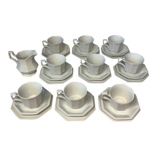 1980s Johnson Brothers Heritage White Octagonal Ironstone Cup, Saucer and Plate, Creamer - Set of 28 PCS For Sale