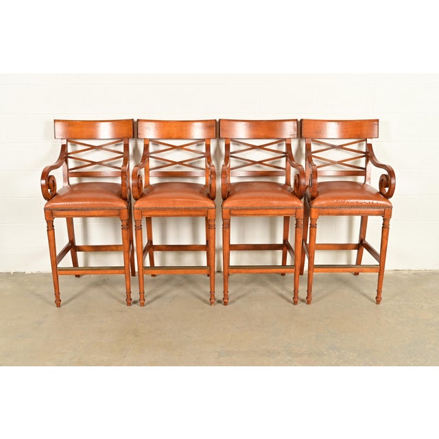 English Baker Furniture English Regency Carved Walnut Bar Stools, Set of Four For Sale - Image 3 of 15