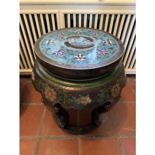 Antique Chinese Cloisonne Top Round Jardiniere Stand Two Fish Motif For Sale - Image 11 of 12
