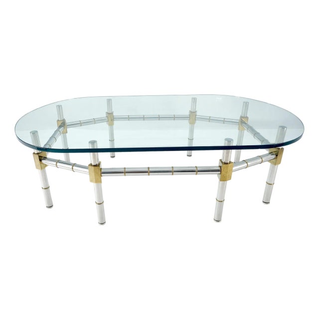 Brass & Chrome Faux Bamboo Base 3/4" Thick Oval Glass Top Coffee Table For Sale