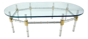 Brass & Chrome Faux Bamboo Base 3/4" Thick Oval Glass Top Coffee Table