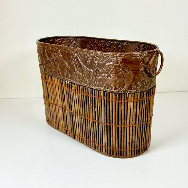1980s Vintage Boho Chic Safari Coastal Tole Elephant, Monkey & Giraffe Faux Wood Bamboo Wastebasket For Sale - Image 10 of 16
