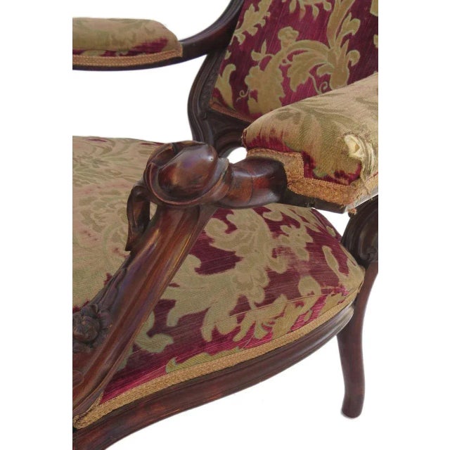 Victorian Grand Carved Mahogany Armchair c 1890 "Santa's Chair" Original Cut Velvet Chair For Sale - Image 3 of 10