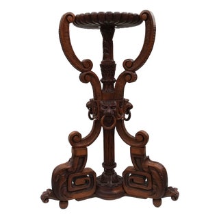 Renaissance Revival Carved Ringed Lion Head Plant Stand Display, 1940s For Sale