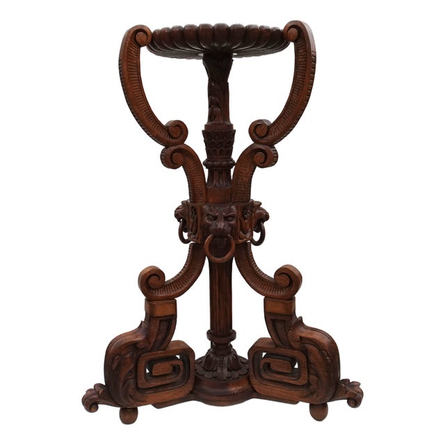 Renaissance Revival Carved Ringed Lion Head Plant Stand Display, 1940s For Sale