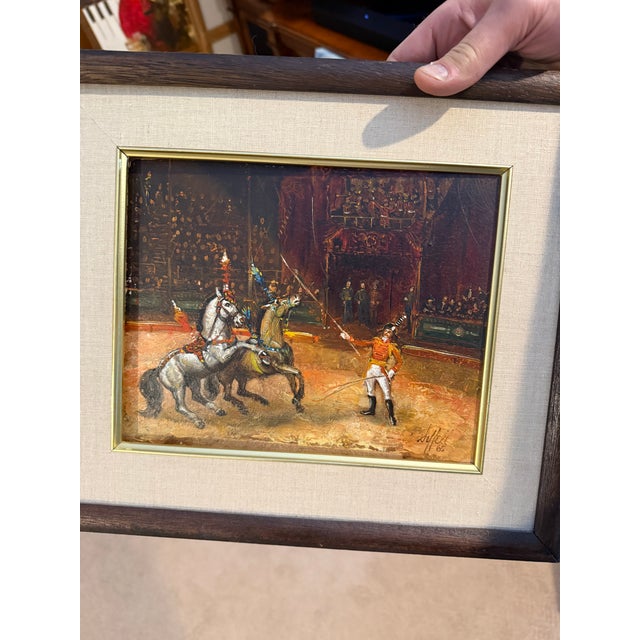 Vintage Pair of Signed Oil Paintings - Circus & Equestrian Scenes by D. Hall, 1965-66 For Sale - Image 6 of 10