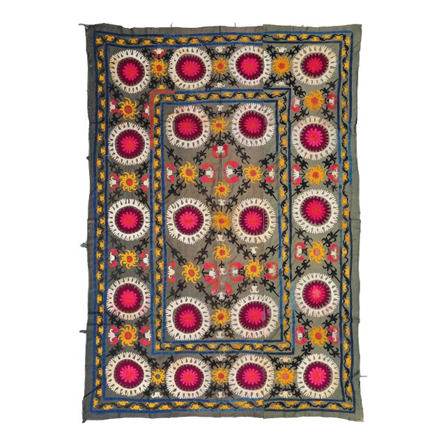 1960s Vintage Suzani Textile | Suzani Embroidery | Green Suzani Wall Hanging For Sale