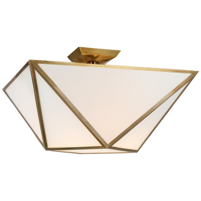 Lorino Large Semi-Flush Mount in Hand-Rubbed Antique Brass with White Glass Designer: Julie Neill Canopy: 5.5" Square...